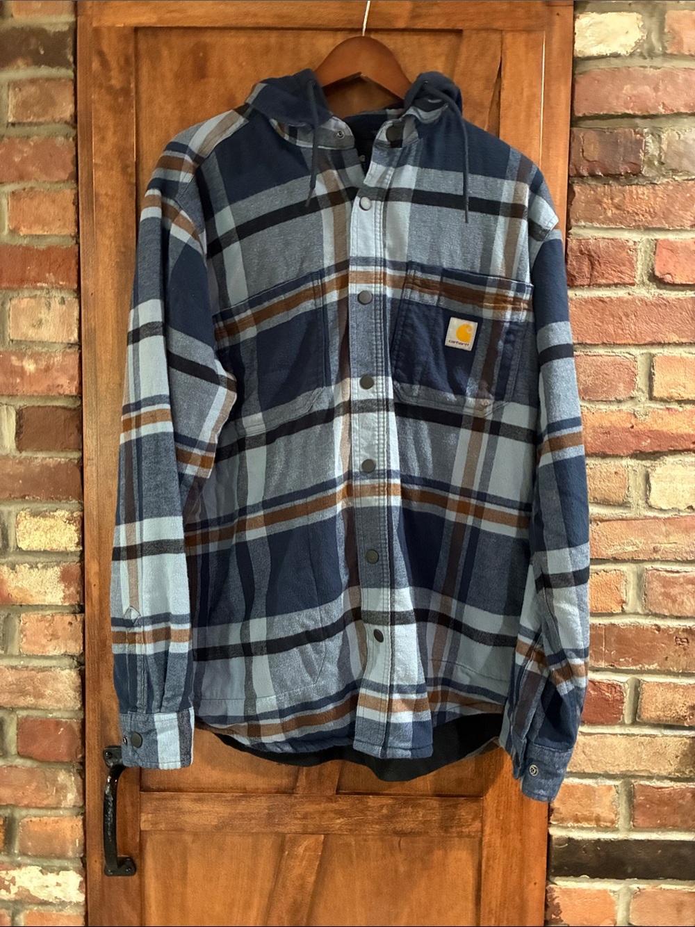 Carhartt Men's Navy and Light Blue Plaid Hooded Button-Down Shirt